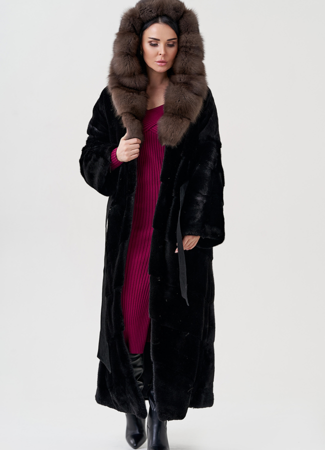Норковая шуба с капюшоном из куницы  модель № 80059 в кредит