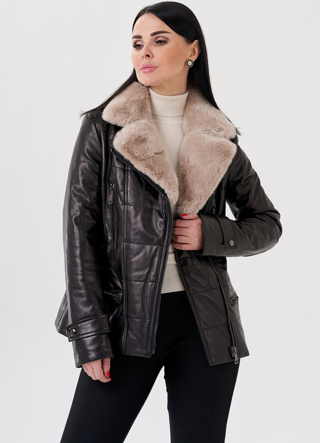 Женская куртка из натуральной кожи с английским воротником  модель № 24085 в рассрочку