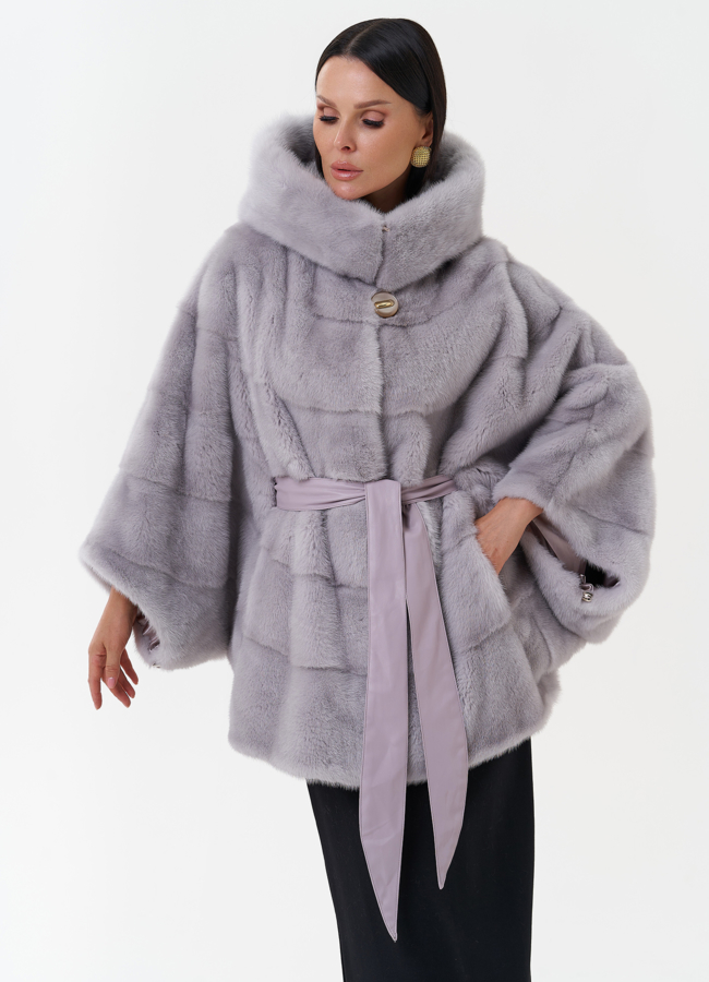 Шуба из меха норки с капюшоном модель № 27648 меха малина