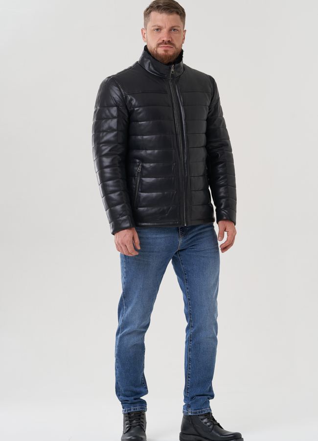 Пуховик мужской из эко кожи  модель № 81849 меха малина