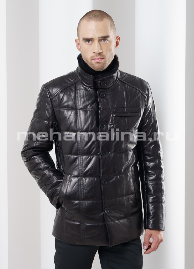 Кожаный пуховик с норкой модель № ПМ-72 универмаг малина