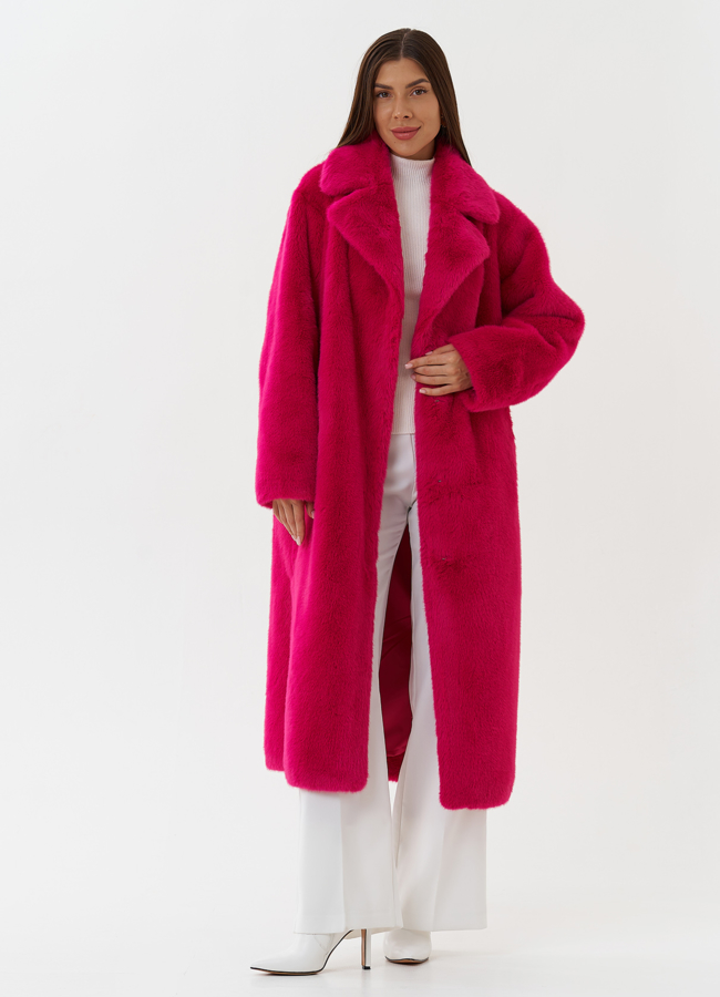 Длинное пальто из эко меха розового цвета модель № 27799 универмаг малина