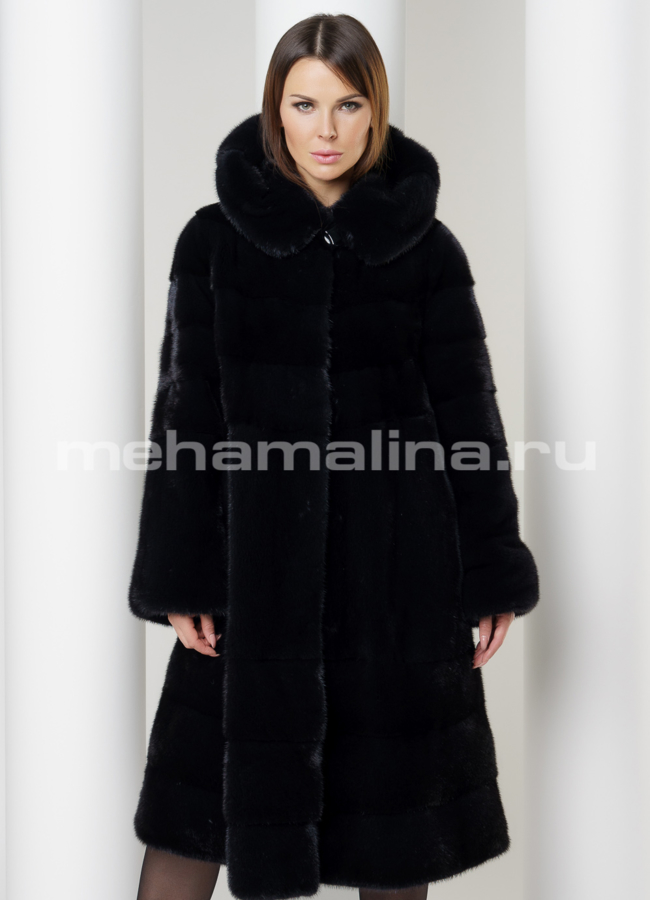 Шуба из скандинавской норки с капюшоном модель № S-574 меха малина