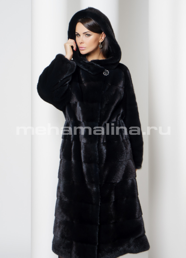 Норковая шуба с капюшоном темно-синего цвета модель № S-725 меха малина