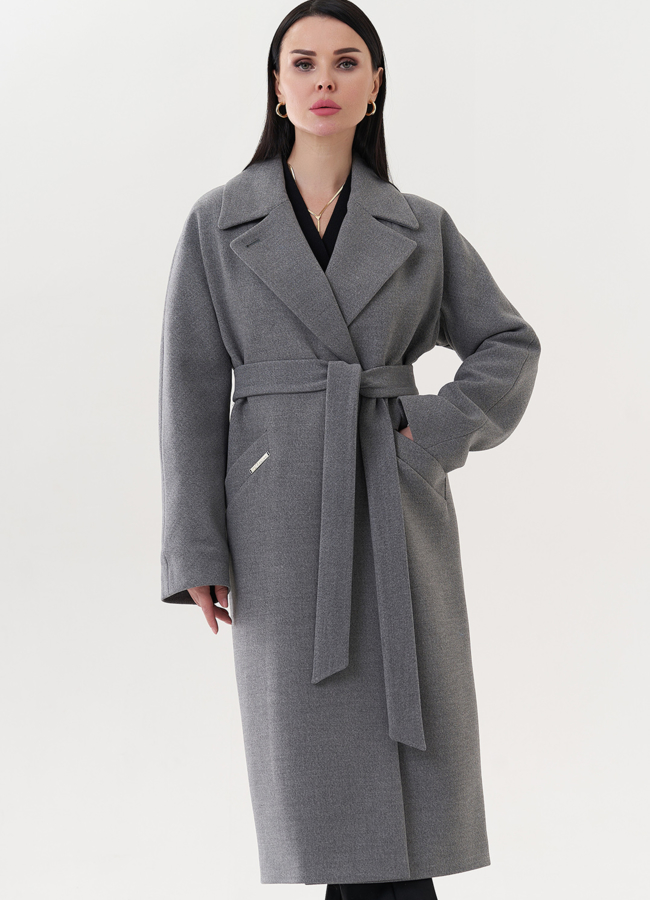 Пальто серого цвета с английским воротником модель № 26723 меха малина