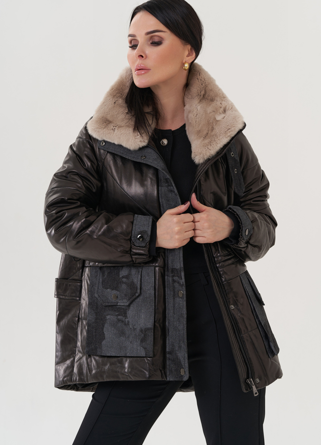 Полупальто из натуральной кожи с отделкой из меха песца  модель № 25381 универмаг малина