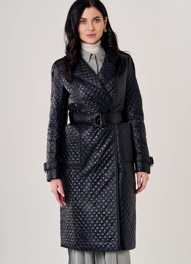 Пальто демисезонное черного цвета модель № 5У-0106/1-2632 меха малина