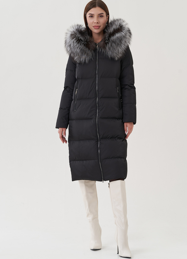 Пуховик с отделкой капюшона из меха чернобурки модель № 25371 в кредит