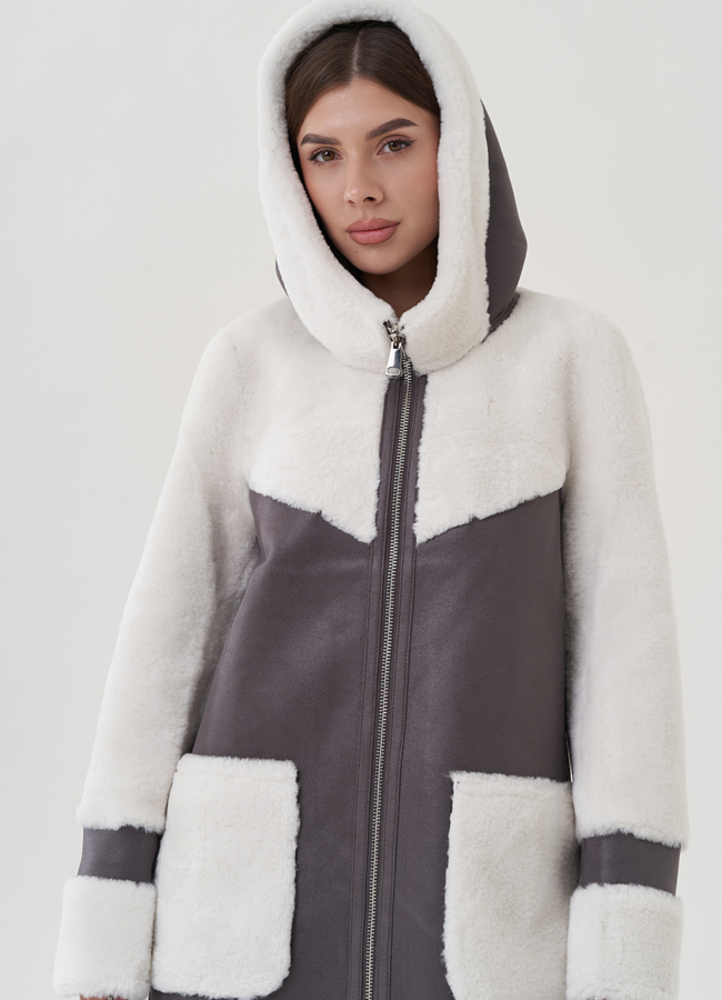 Дубленка в цвете графит с капюшоном модель № 25401 универмаг малина