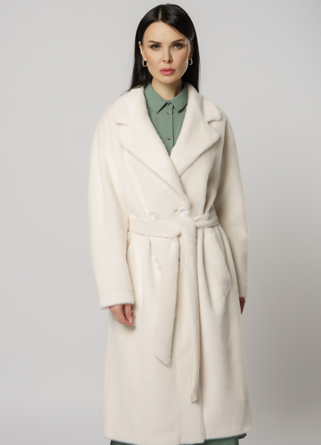 Утепленное двубортное пальто модель № 18304 меха малина