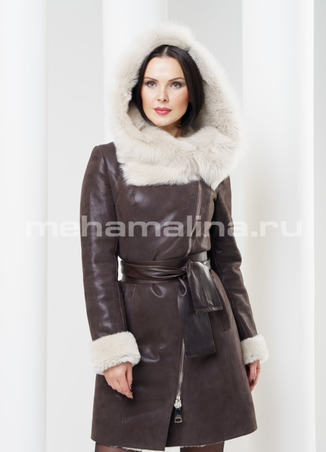 Дубленка на молнии с оформлением из тасканы модель № D-139 меха малина