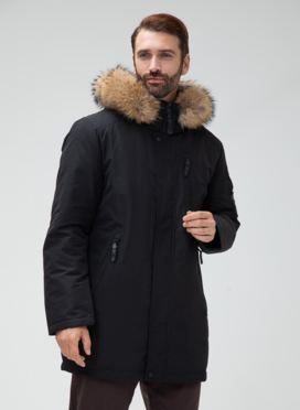 Мужской пуховик с капюшоном из меха енота