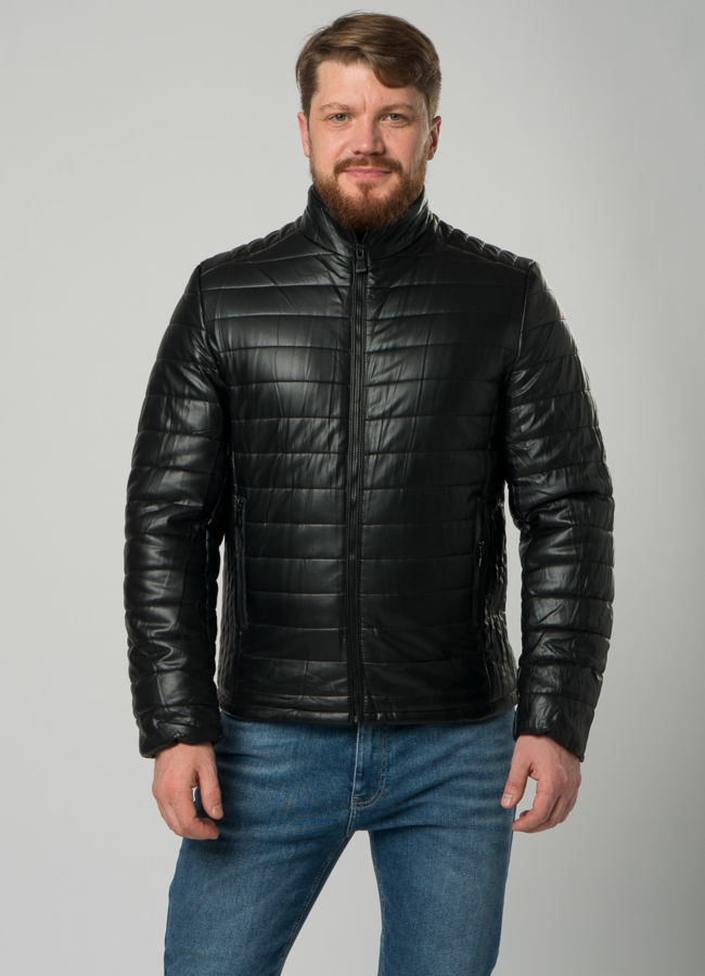 Мужской пуховик из эко кожи черного цвета модель № 21960 меха малина