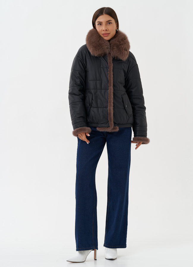 Утепленная куртка из эко кожи с натуральным мехом модель № 27726 меха малина