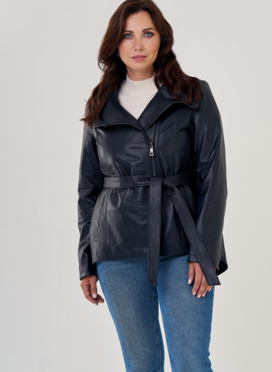 Кожаная куртка на молнии темно-синего цвета 