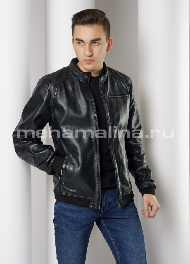Куртка из натуральной кожи на молнии модель № 1015 меха малина