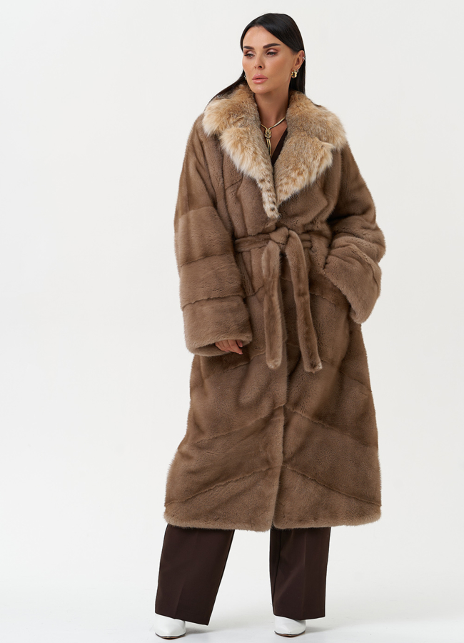 Женская шуба из меха норки с воротником из меха рыси модель № 31163 универмаг малина