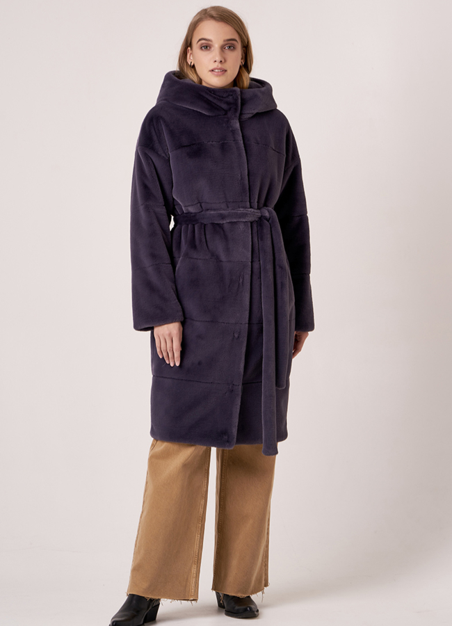 Эко шуба синего цвета с капюшоном модель № 19075 универмаг малина