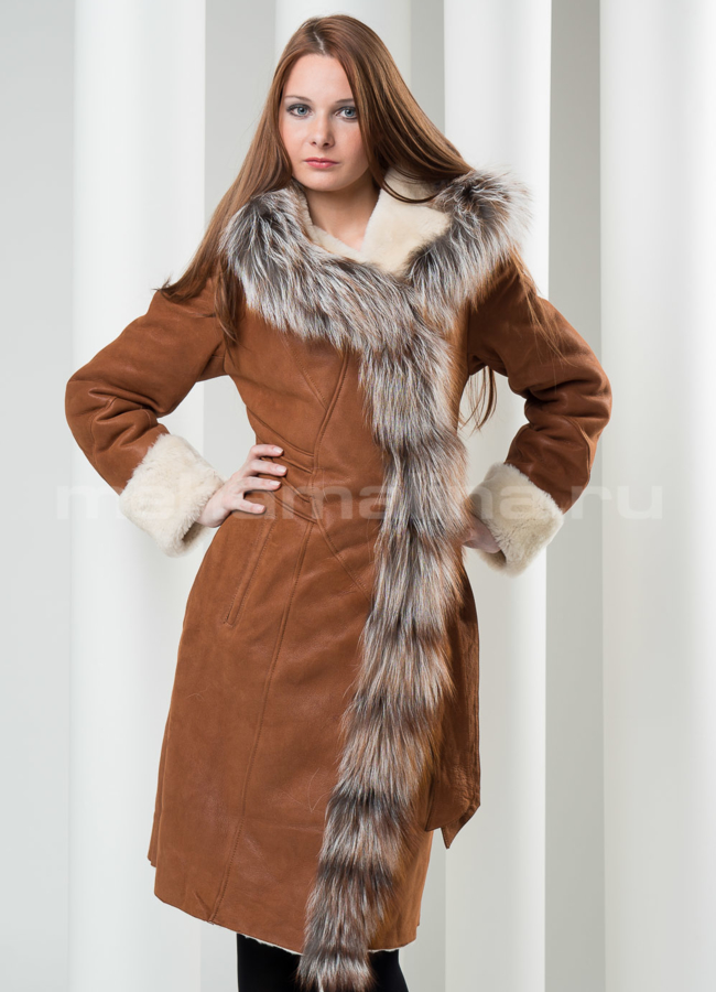 Дубленка на запах, цвет виски модель № D-90 меха малина Дубленка на запах, цвет виски модель № D-90 меха малина