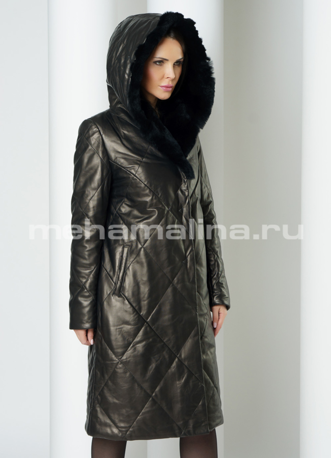 Кожаный пуховик черного цвета на пуговицах с капюшоном модель № 926 в рассрочку