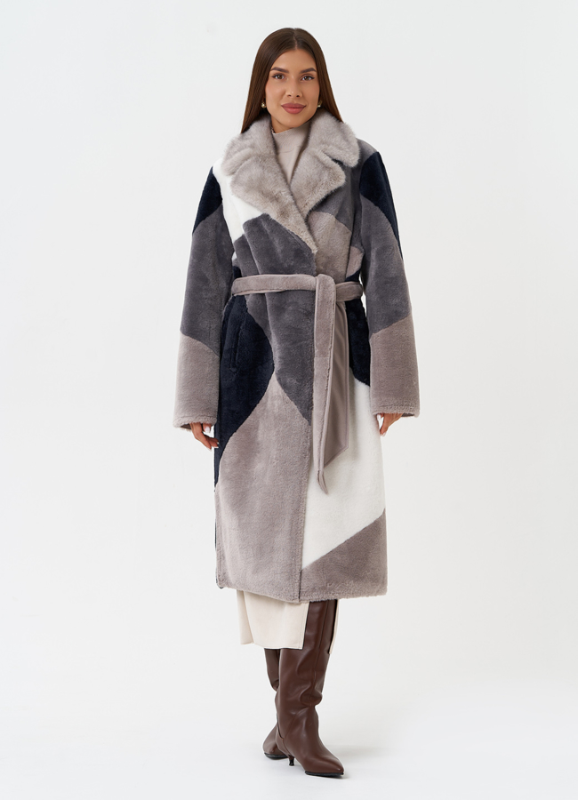 Двухсторонняя эко дубленка с поясом модель № 27776 меха малина