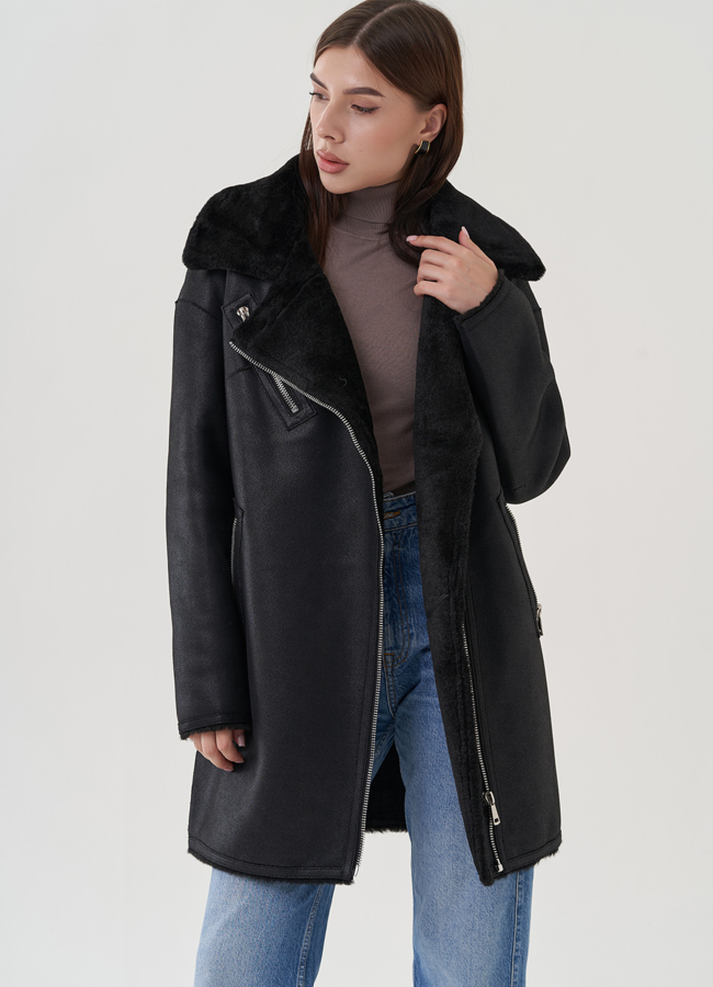Дубленка черного цвета из эко замши с английским воротником модель № 25413 универмаг малина