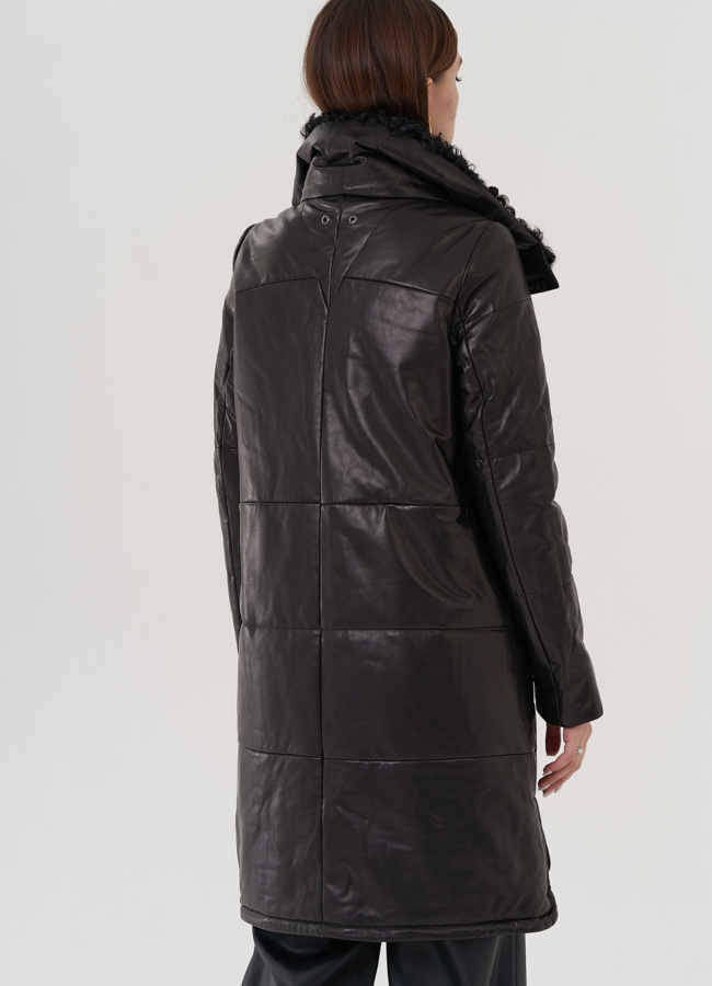 Кожаный пуховик с воротником на молнии и кнопках  модель № 19919 универмаг малина