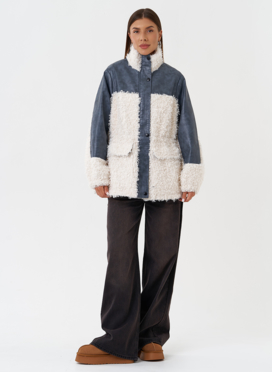 Жакет синего цвета с эко мехом Жакет синего цвета с эко мехом