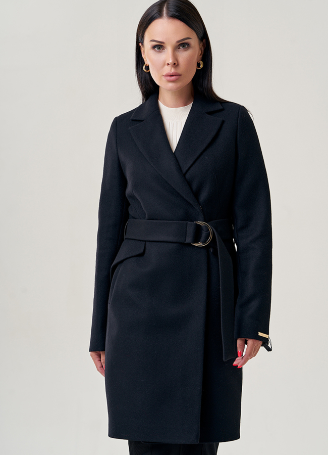 Приталенное женское пальто в черном цвете модель № 22952 универмаг малина