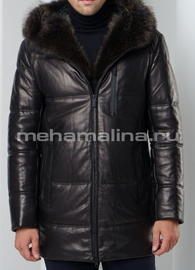 Удлиненный пуховик модель № ПМ-90 меха малина