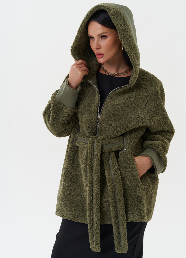 Эко дубленка с капюшоном из меха чернобурки модель № 27771 универмаг малина