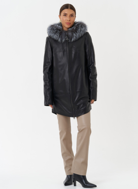 Утепленное полупальто из натуральной кожи с капюшоном 
