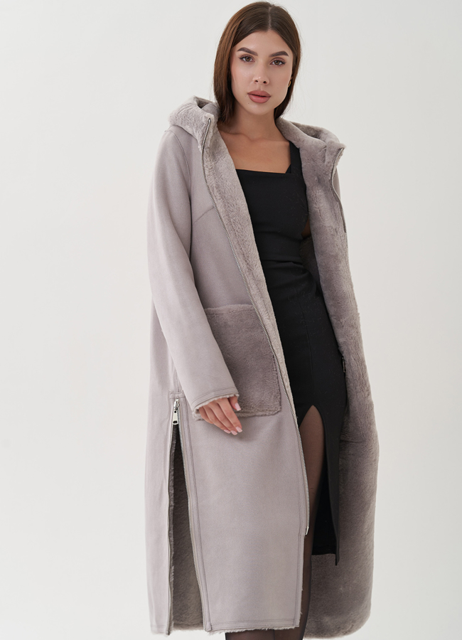 Двухсторонняя дубленка из эко замши модель № 25412 универмаг малина