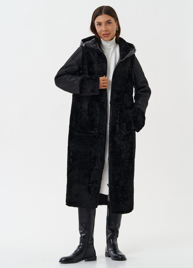 Двухсторонняя дубленка из эко кожи с капюшоном модель № 28563 универмаг малина