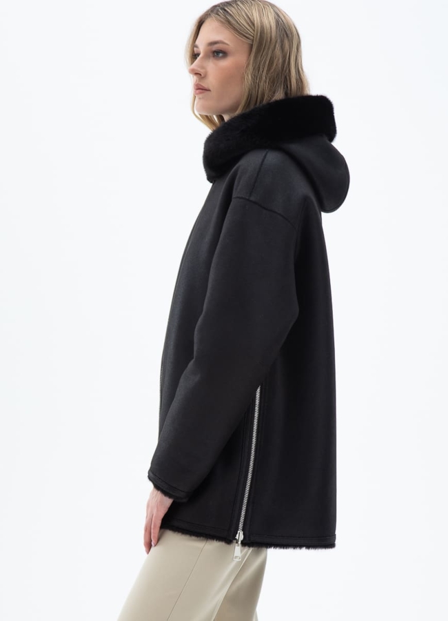 Женская двухсторонняя дубленка из эко кожи с капюшоном модель № 32028 в рассрочку