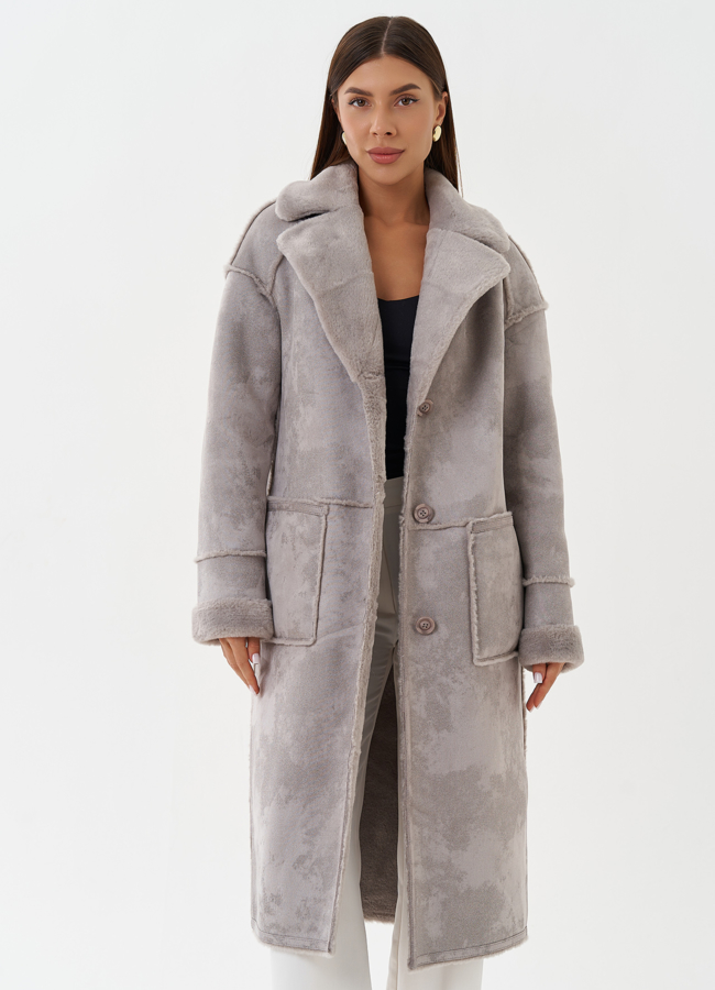 Двухсторонняя эко дубленка с английским воротником модель № 27774 в рассрочку