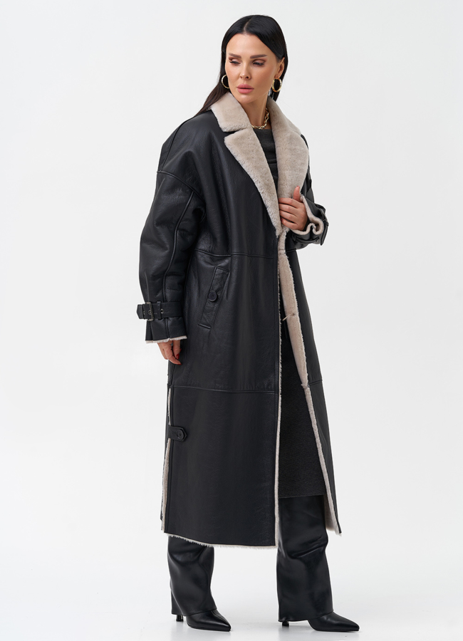 Удлиненная женская дубленка с английским воротником  модель № 23645 универмаг малина