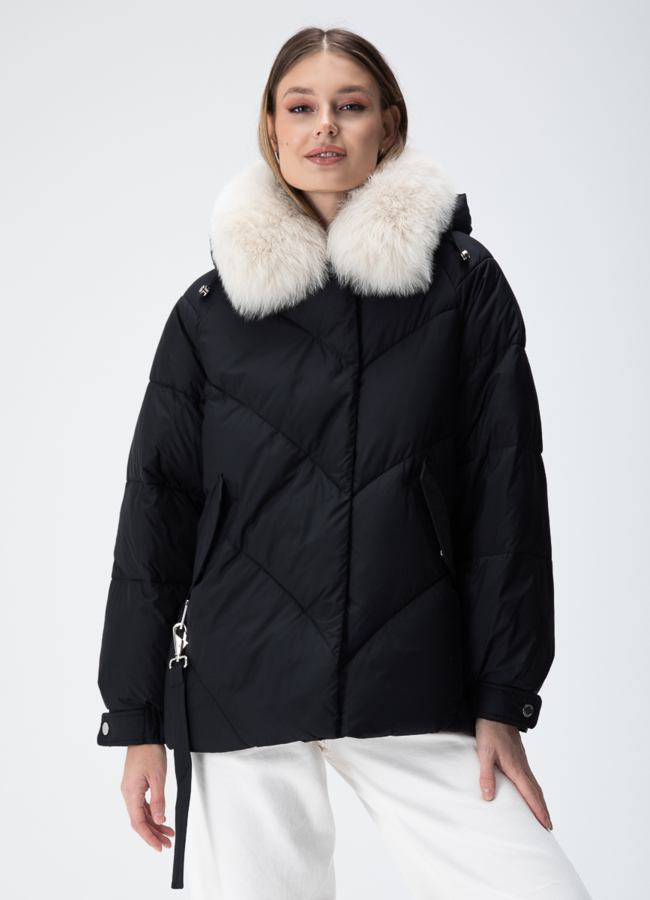 Женский пуховик с капюшоном модель № 28386 меха малина