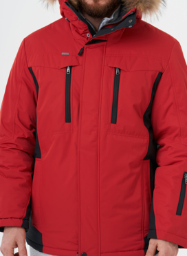 Яркая куртка с капюшоном из меха енота