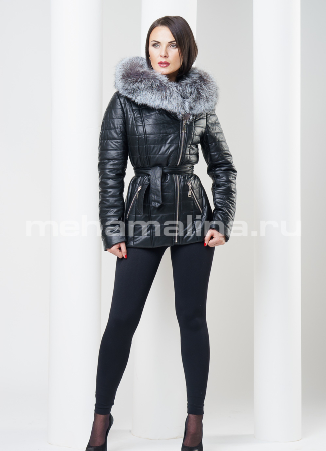 Укороченный пуховик из экокожи модель № П-43 в рассрочку