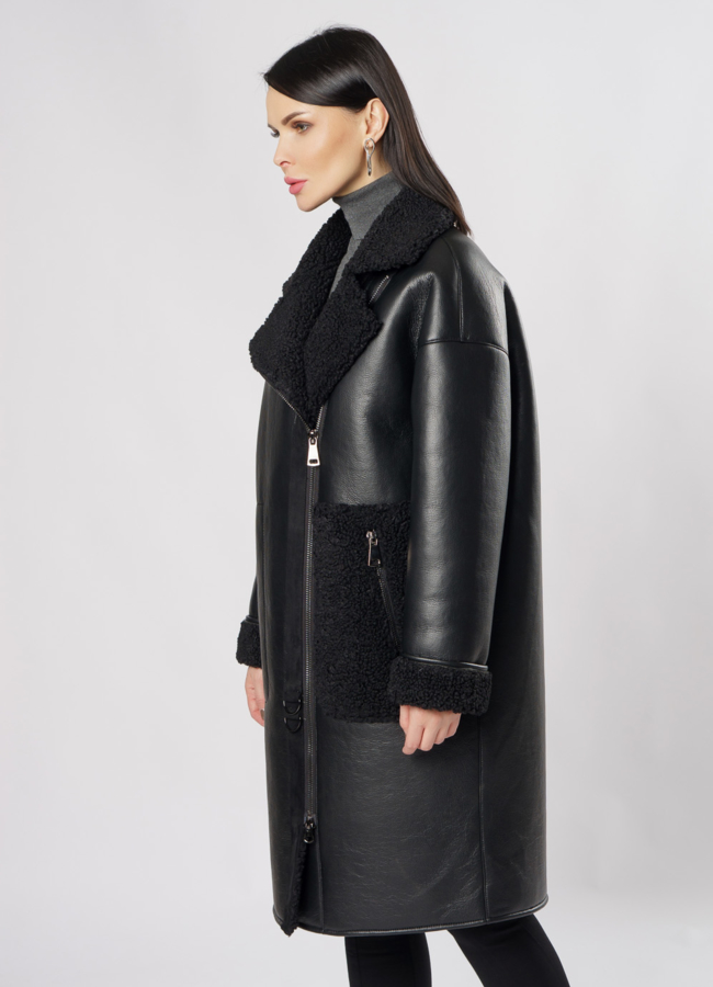 Дубленка из эко кожи черного цвета на молнии модель № 2026-2 в рассрочку