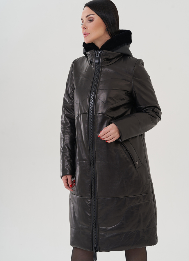 Пуховик из натуральной кожи на молнии с капюшоном модель № 19575 универмаг малина Пуховик из натуральной кожи на молнии с капюшоном модель № 19575 универмаг малина
