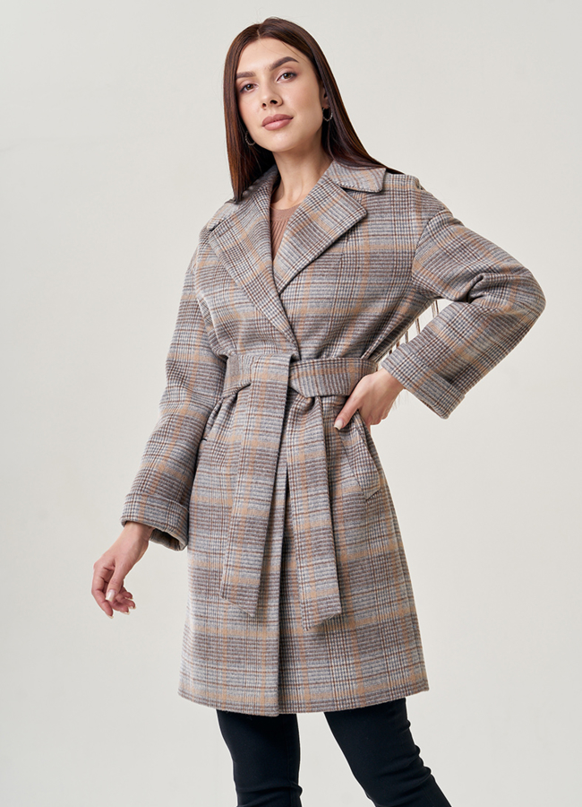 Бежевое женское пальто в клетку модель № 22949 универмаг малина