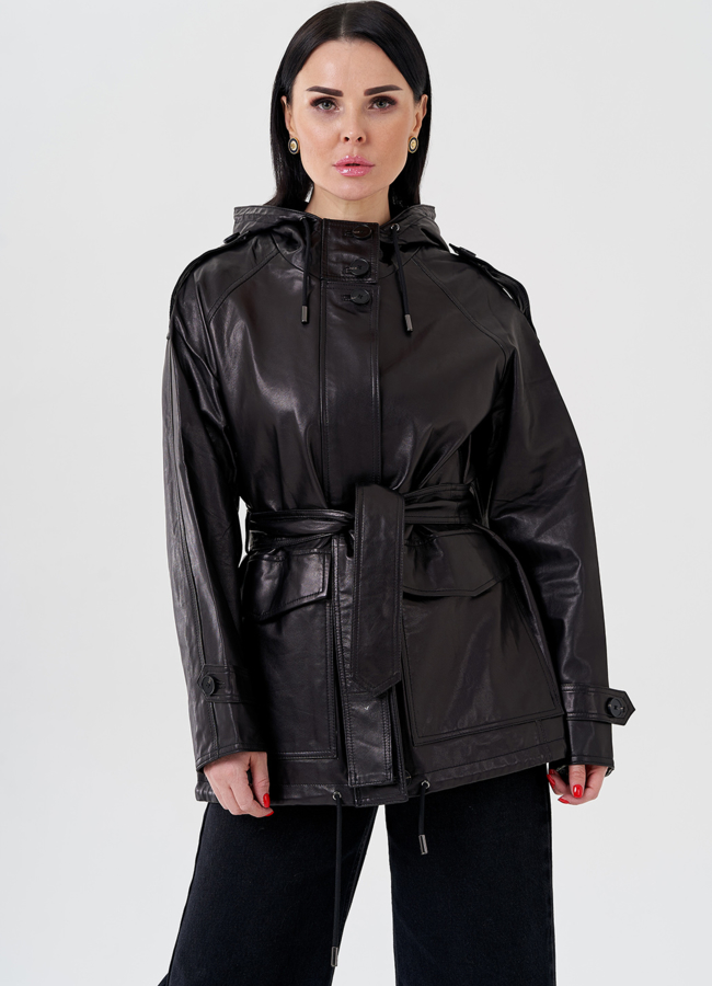 Женская куртка из натуральной кожи с капюшоном  модель № 24090 меха малина