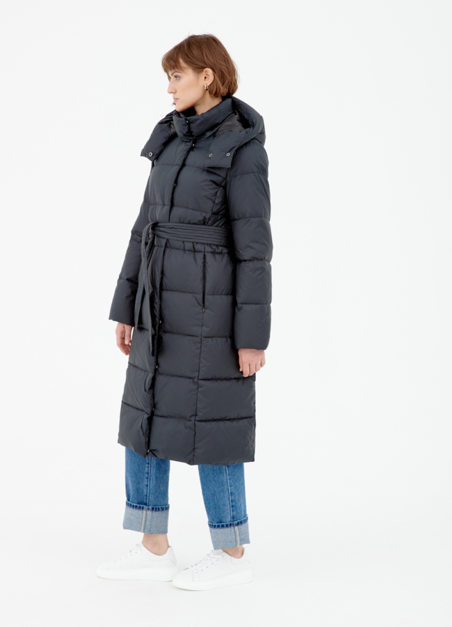 Длинный пуховик с поясом модель № 78911 в кредит