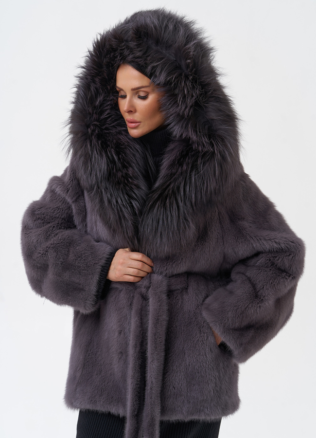 Шуба -кимоно из норки с поясом модель № 26040 меха малина