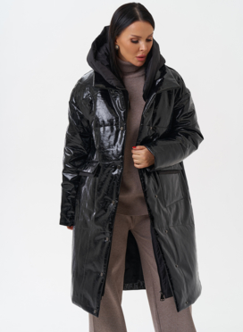 Женский пуховик из эко кожи с капюшоном