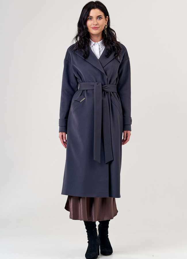 фото Женское пальто в сером цвете с поясом модель № 21374