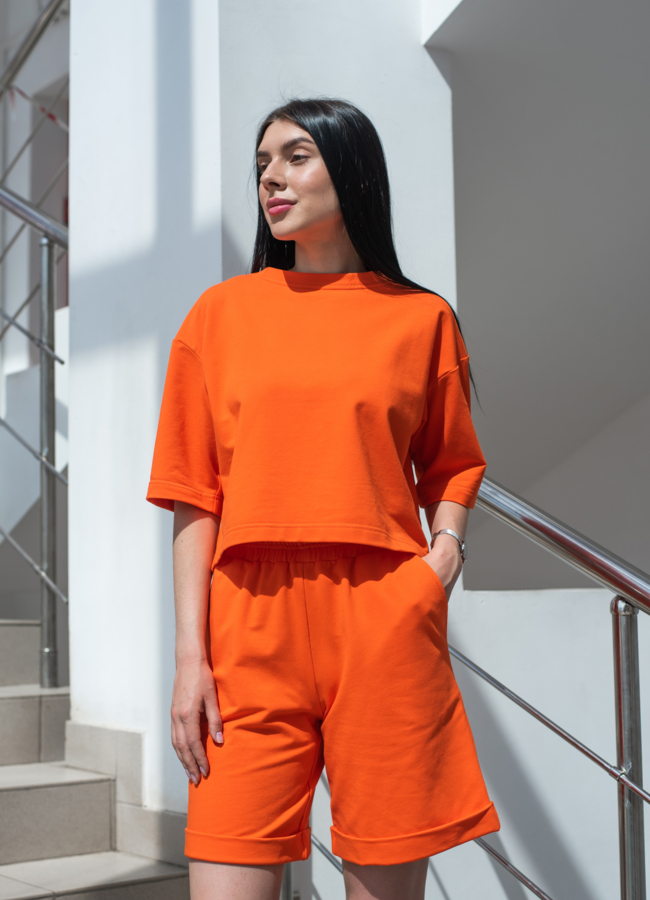 Шорты женские из хлопка оранжевого цвета модель № 22911 в рассрочку