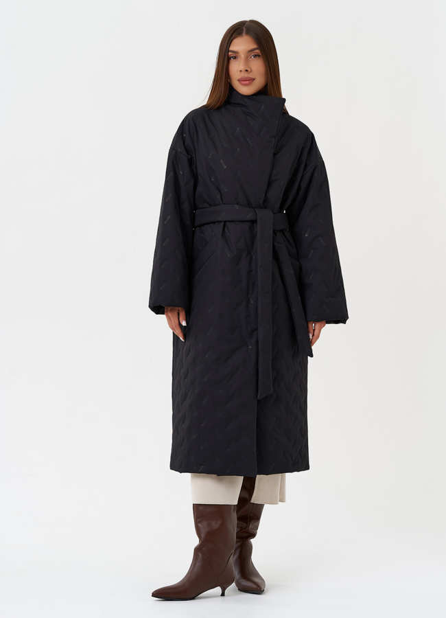 фото Женское стеганое пальто с поясом модель № 28460